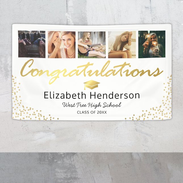 5 Photo White Gold Graduation Party Banner (Creator Uploaded)