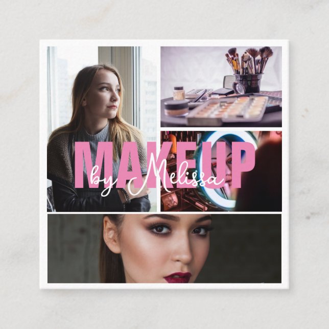 5 Photos Beauty Makeup Artist Beauty Pink Black Square Business Card (Front)