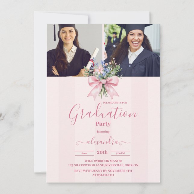 5 Photos Blush Floral Graduation Party Invitation (Back)