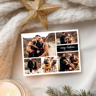 5 Photos Collage Chic Script Merry Christmas Black Postcard