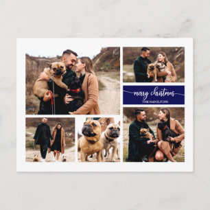 5 Photos Collage Chic Script Merry Christmas Blue Postcard