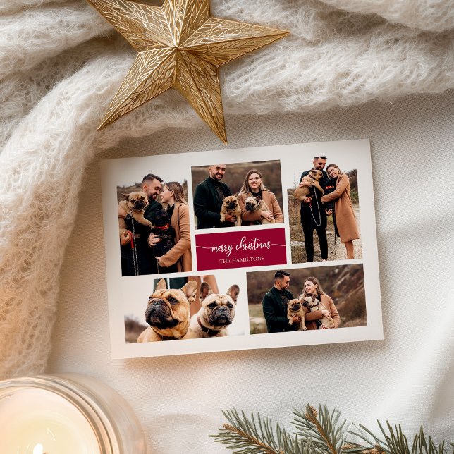 5 Photos Collage Chic Script Merry Christmas Postcard (Creator Uploaded)