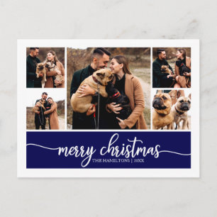 5 Photos Collage Stylish Merry Christmas Blue Postcard