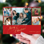 5 photos Merry Christmas elegant script collage Holiday Card<br><div class="desc">Elegant stylish Merry Christmas faux gold classic calligraphy script five family photos red holiday card with your custom personalised text on both sides. PLEASE NOTE that the background colour is editable. You can change it after selecting CUSTOMIZE option down below the PERSONALIZE IT menu. If you don't feel at ease...</div>