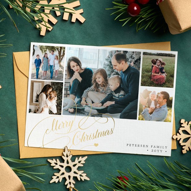 5 photos Merry Christmas elegant script collage Holiday Card (Creator Uploaded)