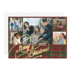 5 photos Merry Christmas elegant script red plaid 