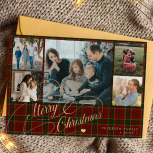 5 photos Merry Christmas elegant script red plaid  Holiday Card