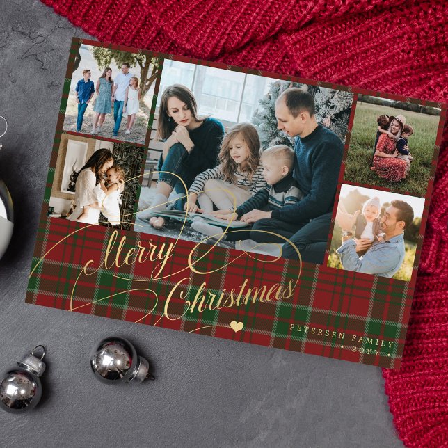 5 photos Merry Christmas elegant script red plaid  Holiday Card (Creator Uploaded)