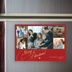 5 photos Merry Christmas red magnetic card