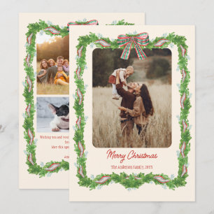 5 photos plaid bow rustic Christmas Photo Holiday Card