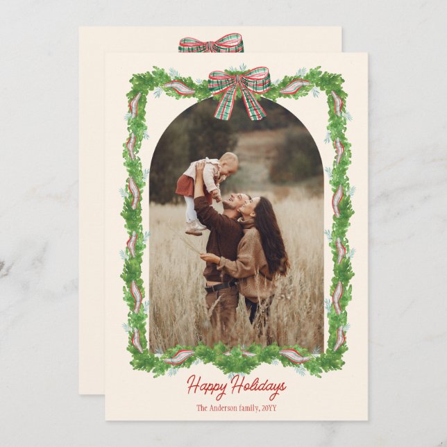 5 photos plaid bow rustic Christmas Photo Holiday Card (Front/Back)