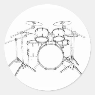 5 Piece Drum Kit: Black & White Drawing: Classic Round Sticker