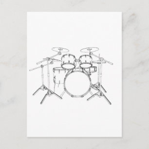 5 Piece Drum Kit: Black & White Drawing: Postcard