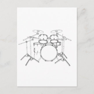 5 Piece Drum Kit: Black & White Drawing: Postcard