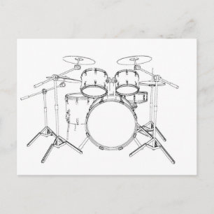 5 Piece Drum Kit: Black & White Drawing: Postcard