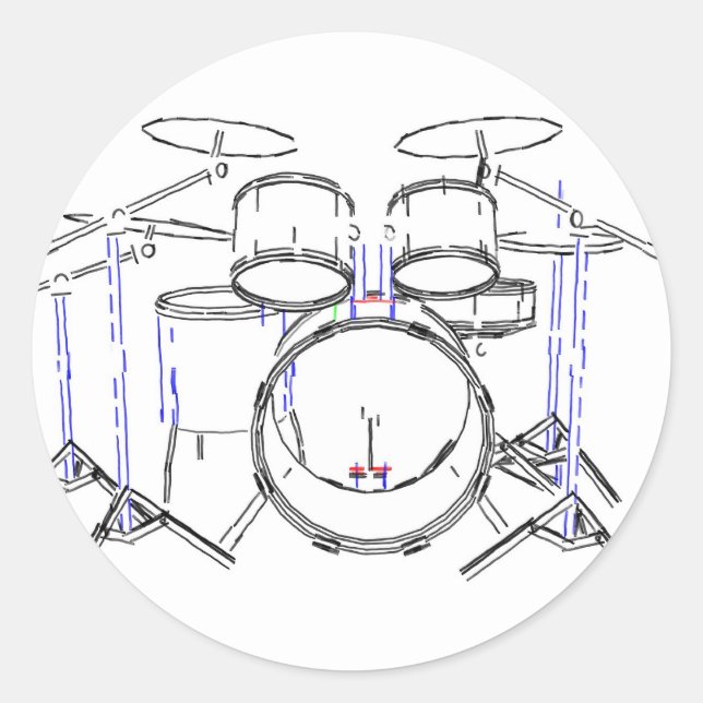 5 Piece Drum Kit: Marker Drawing: Classic Round Sticker (Front)