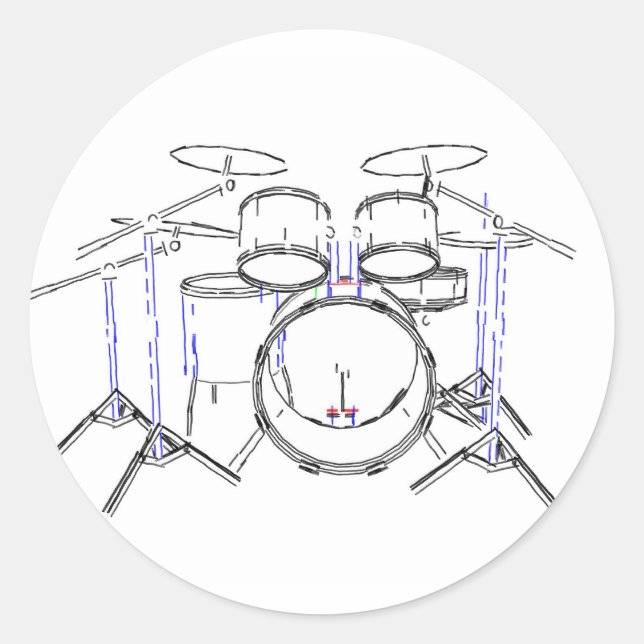 5 Piece Drum Kit: Marker Drawing: Classic Round Sticker (Front)