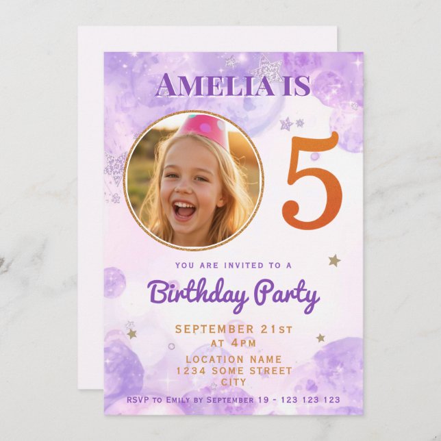 5 Purple Gold Star Bubbles 5th Birthday Invitation (Front/Back)