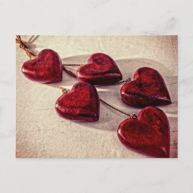 5 Red Wooden Hearts Entwined Together Postcard (Front)