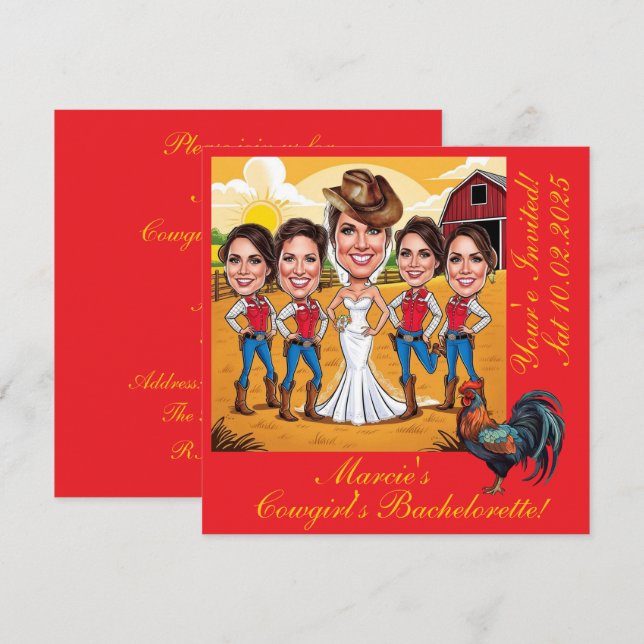 5 Rustic Cowgirl caricatures Bachelorette Invitation (Front/Back)