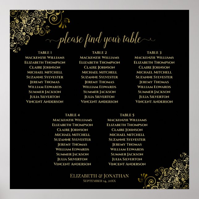 5 Table Black Wedding Seating Chart w/ Gold Frills (Front)