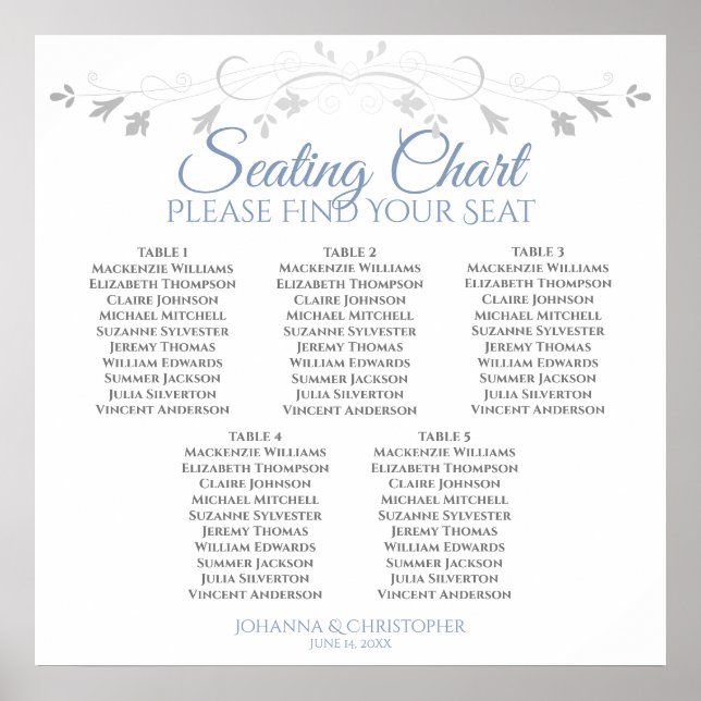 5 Table Blue & Gray Elegant Wedding Seating Chart (Front)