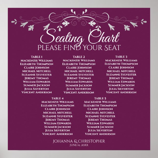 5 Table Cassis Purple Chic Wedding Seating Chart (Front)