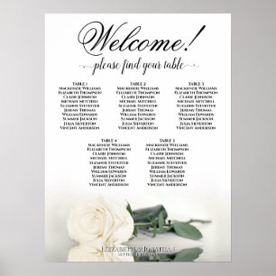 5 Table Elegant White Rose Wedding Seating Chart