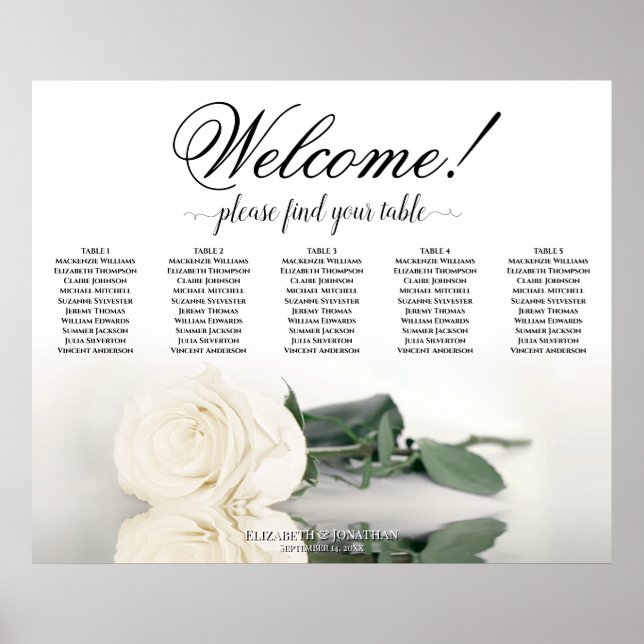 5 Table Elegant White Rose Wedding Seating Chart (Front)