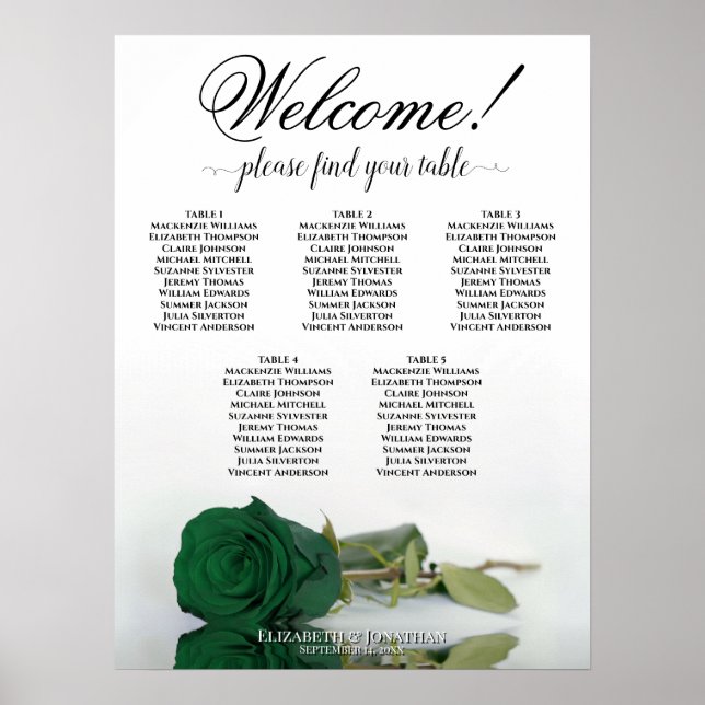 5 Table Emerald Green Rose Wedding Seating Chart (Front)