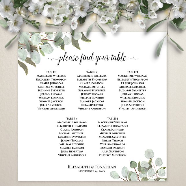 5 Table Eucalyptus Leaves Wedding Seating Chart  (In Situ on Wall with Flowers)