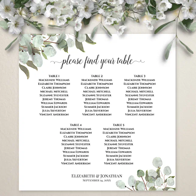 5 Table Eucalyptus Leaves Wedding Seating Chart 