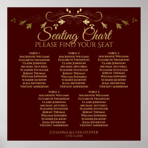5 Table Gold & Auburn Brown Wedding Seating Chart
