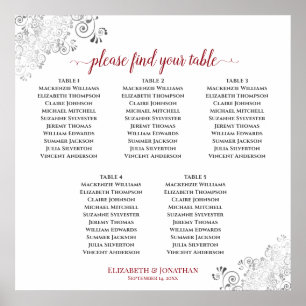 5 Table Lacy Wedding Seating Chart Red on White