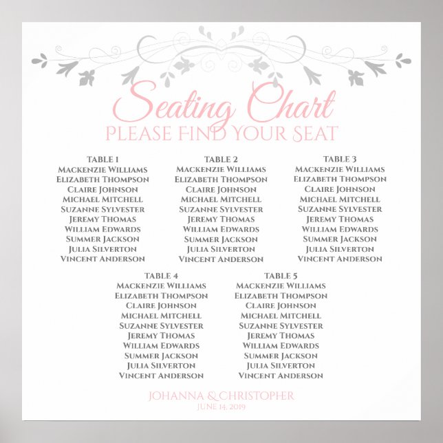 5 Table Pink & Grey Wedding Seating Chart (Front)