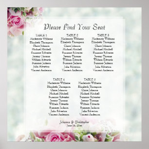 5 Table Pink Roses Wedding Seating Chart