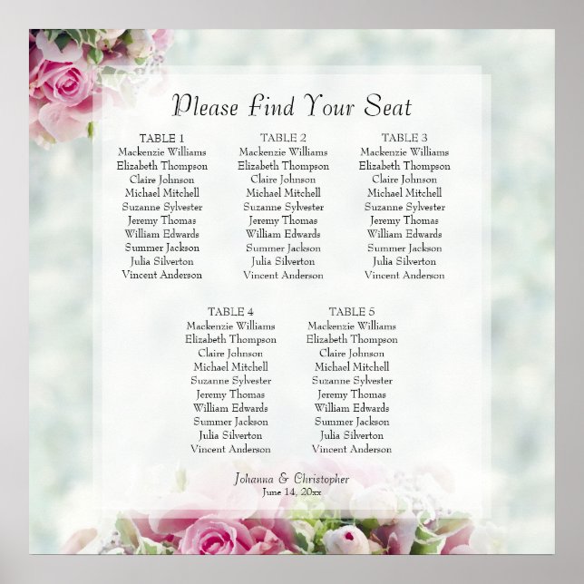 5 Table Pink Roses Wedding Seating Chart (Front)