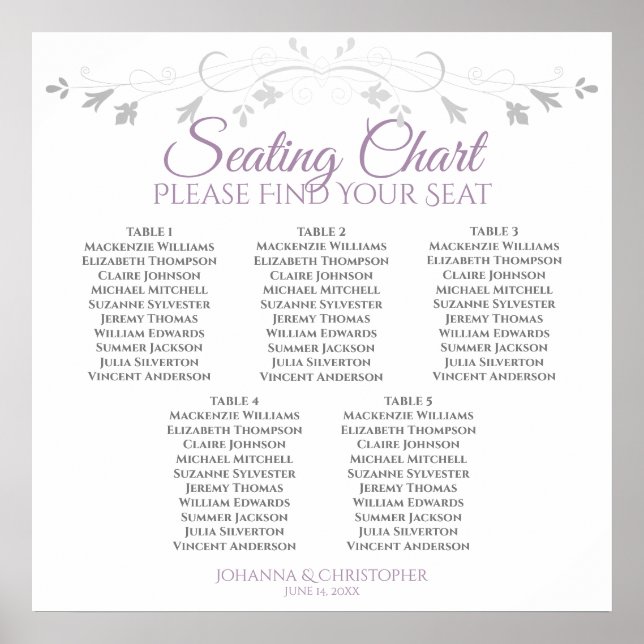 5 Table Purple & Grey Wedding Seating Chart (Front)