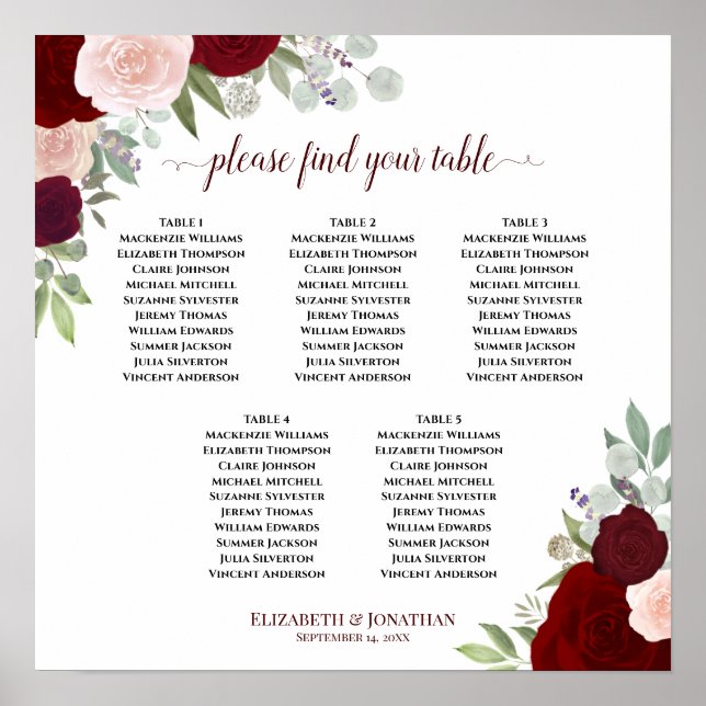 5 Table Red & Pink Floral Wedding Seating Chart (Front)