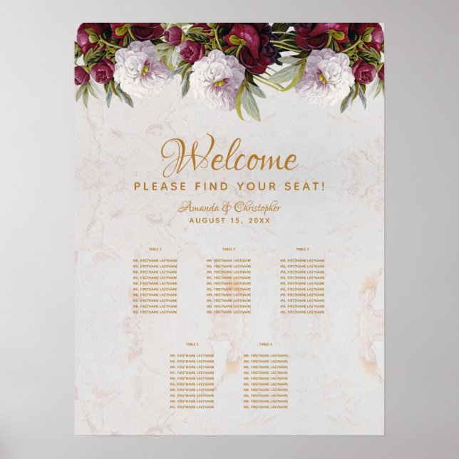 5 Table Seating Chart Marble Burgundy White Peony (Front)