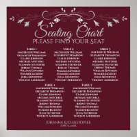 5 Table Silver & Burgundy Wedding Seating Chart