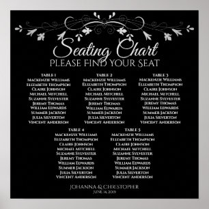 5 Table Silver Floral Black Wedding Seating Chart