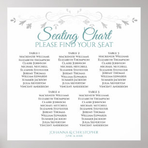 5 Table Teal & Gray Elegant Wedding Seating Chart