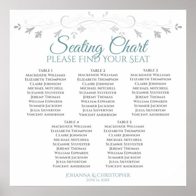 5 Table Teal & Gray Elegant Wedding Seating Chart (Front)