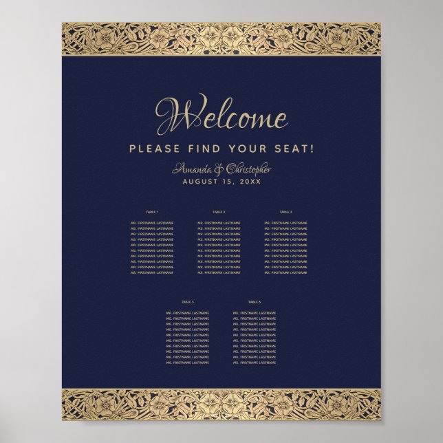 5 Tables Navy Blue Wedding Seating Chart Gold Rose (Front)