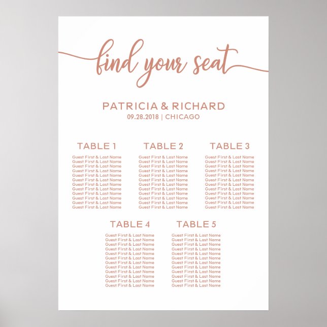5 Tables Rose Gold Wedding Seating Chart Sign (Front)