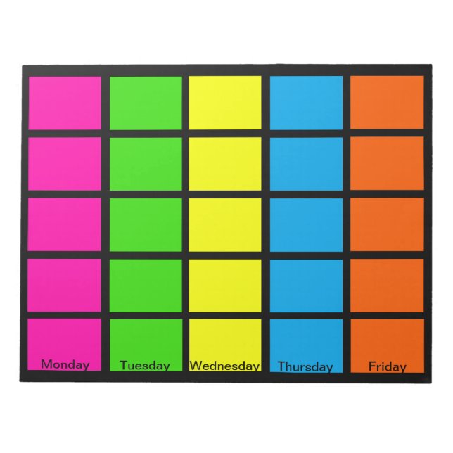 5-week Days of Week Colour Coded Calendar Notepads (Front)