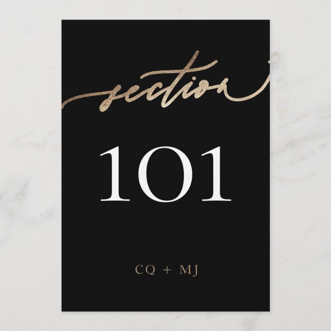 5 x 7" Black Gold Calligraphy Wedding Table Number (Front)