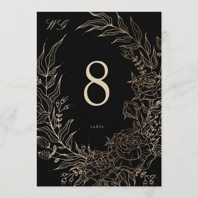 5 x 7 Black Gold Florals Wedding Table Number (Front)