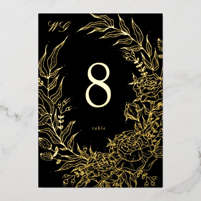 5 x 7 Black Gold FOIL Florals Wedding Table Number (Front)
